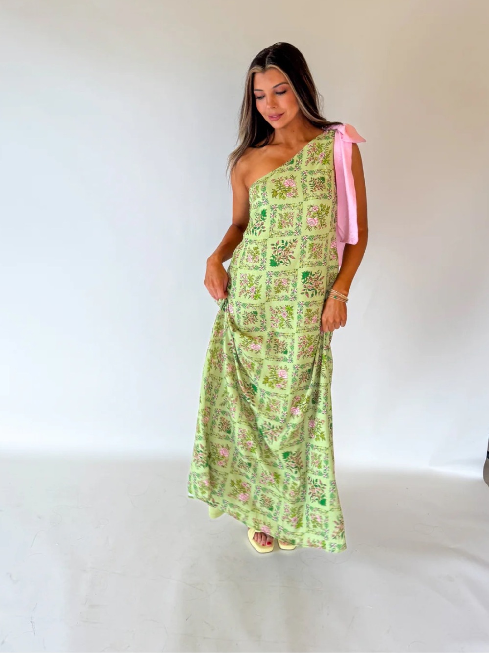 One-Shoulder Green Floral Maxi Dress with Pink Shoulder Tie